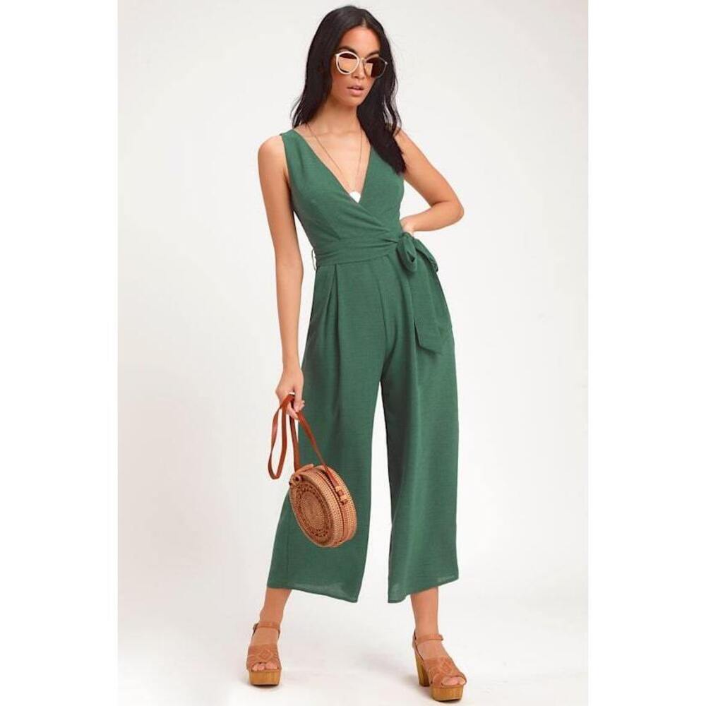 Lulus Lupita Washed Forest Green Sleeveless Culotte Jumpsuit - Size S
